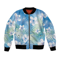 Blue Aloha Hawaiian Bomber Jacket Tropical Flower Palm Leaf Pattern LT19 Unisex Blue - Polynesian Pride