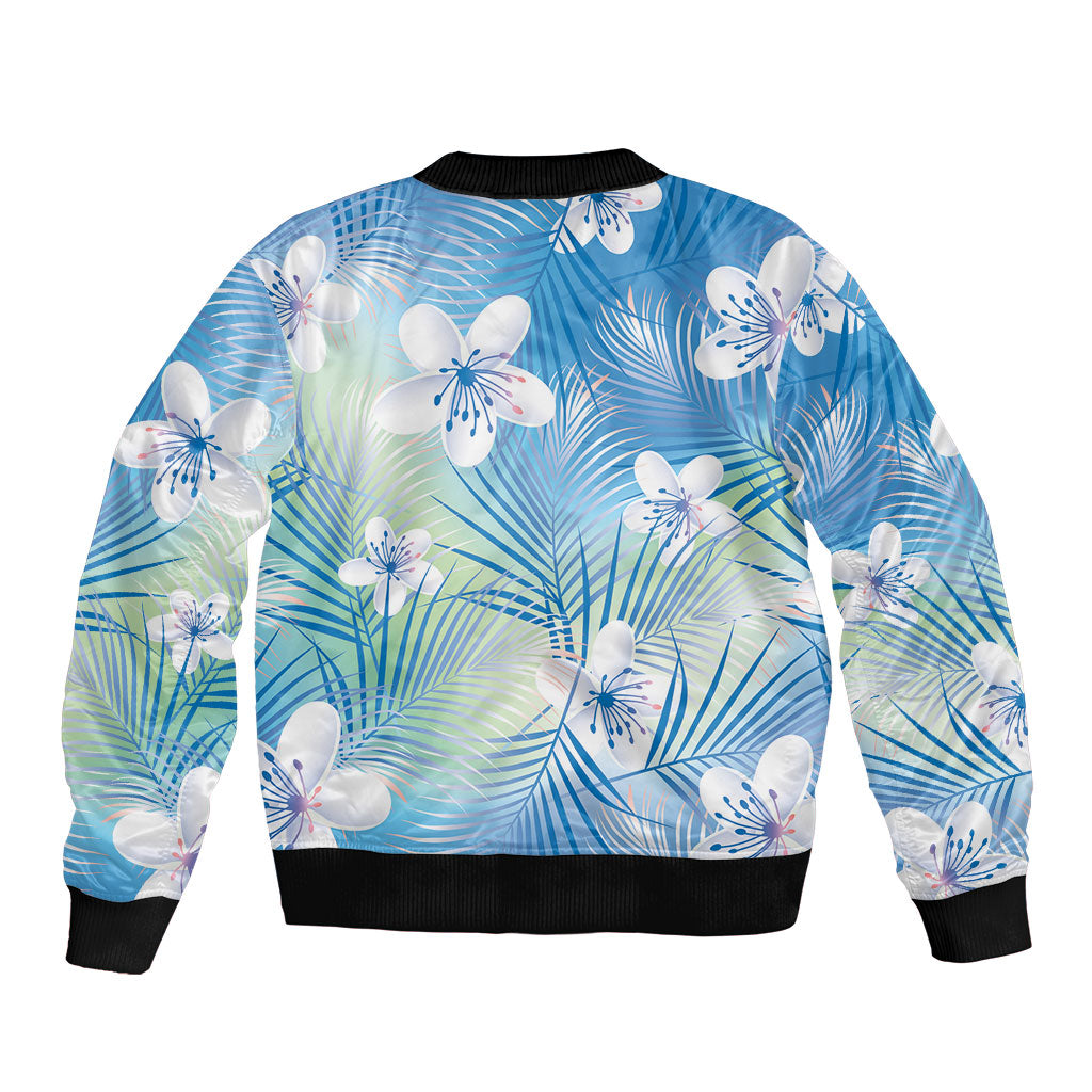 Blue Aloha Hawaiian Bomber Jacket Tropical Flower Palm Leaf Pattern LT19 - Polynesian Pride