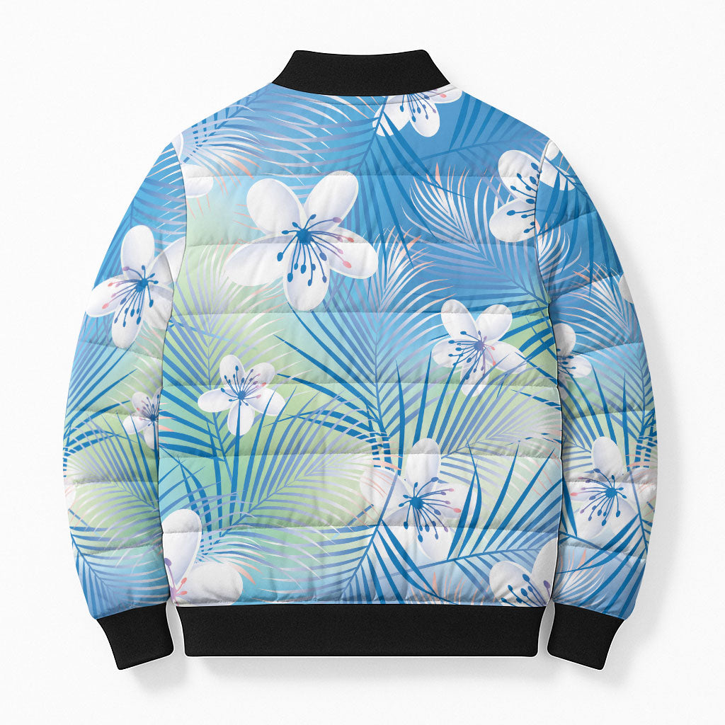 Blue Aloha Hawaiian Bomber Puffer Jacket Tropical Flower Palm Leaf Pattern LT19 - Polynesian Pride