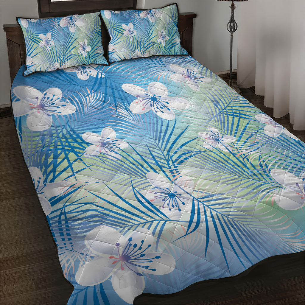 Blue Aloha Hawaiian Quilt Bed Set Tropical Flower Palm Leaf Pattern LT19 Blue - Polynesian Pride