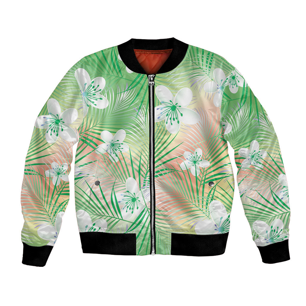Green Aloha Hawaiian Bomber Jacket Tropical Flower Palm Leaf Pattern LT19 Unisex Green - Polynesian Pride