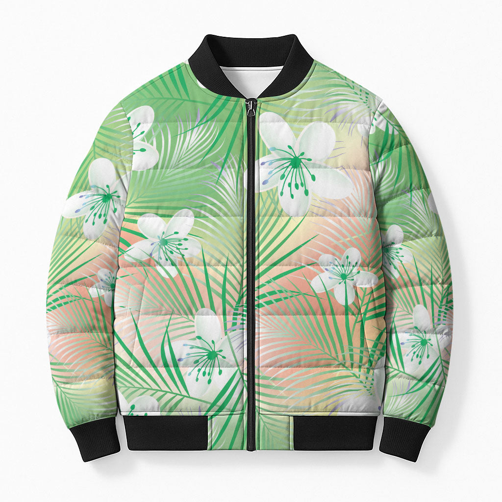 Green Aloha Hawaiian Bomber Puffer Jacket Tropical Flower Palm Leaf Pattern LT19 Unisex Green - Polynesian Pride