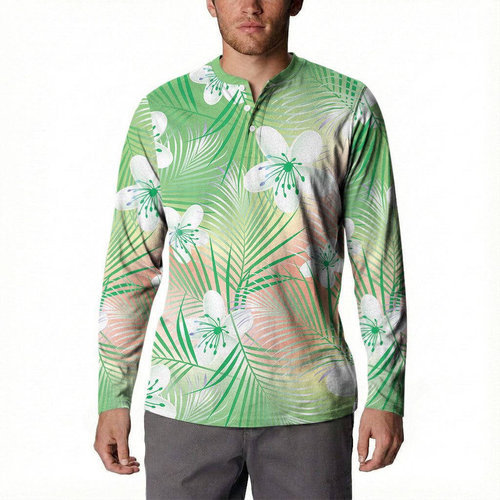 Green Aloha Hawaiian Button Sweatshirt Tropical Flower Palm Leaf Pattern LT19 - Polynesian Pride