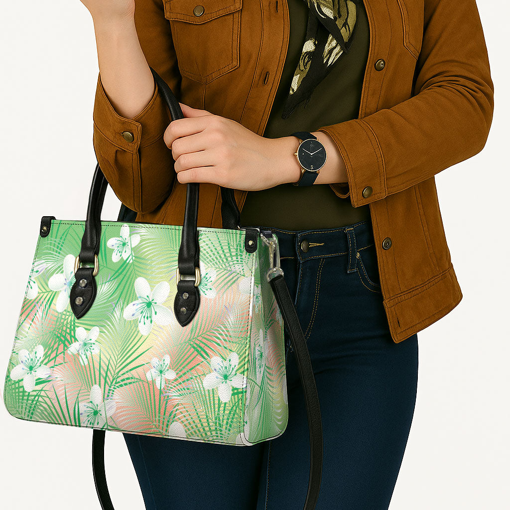 Green Aloha Hawaiian Leather Bag Tropical Flower Palm Leaf Pattern LT19 - Polynesian Pride