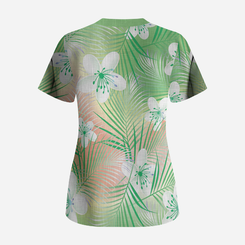 Green Aloha Hawaiian Scrub Top Tropical Flower Palm Leaf Pattern LT19 - Polynesian Pride