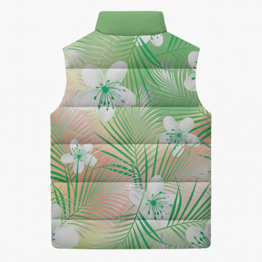 Green Aloha Hawaiian Sleeveless Puffer Jacket Tropical Flower Palm Leaf Pattern LT19 - Polynesian Pride