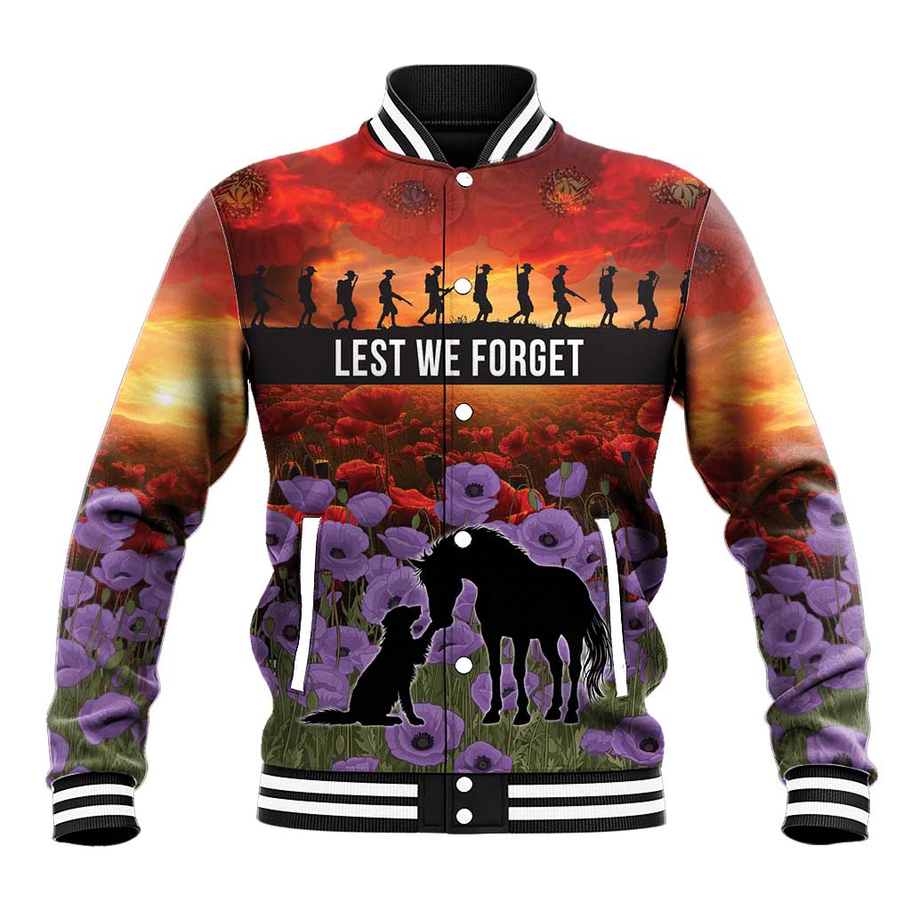 Personalised ANZAC Day Baseball Jacket Remembering the Animals of War LT19 Unisex Purple - Polynesian Pride