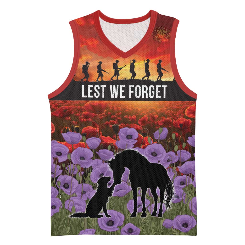 Personalised ANZAC Day Basketball Jersey Remembering the Animals of War LT19 Unisex Purple - Polynesian Pride