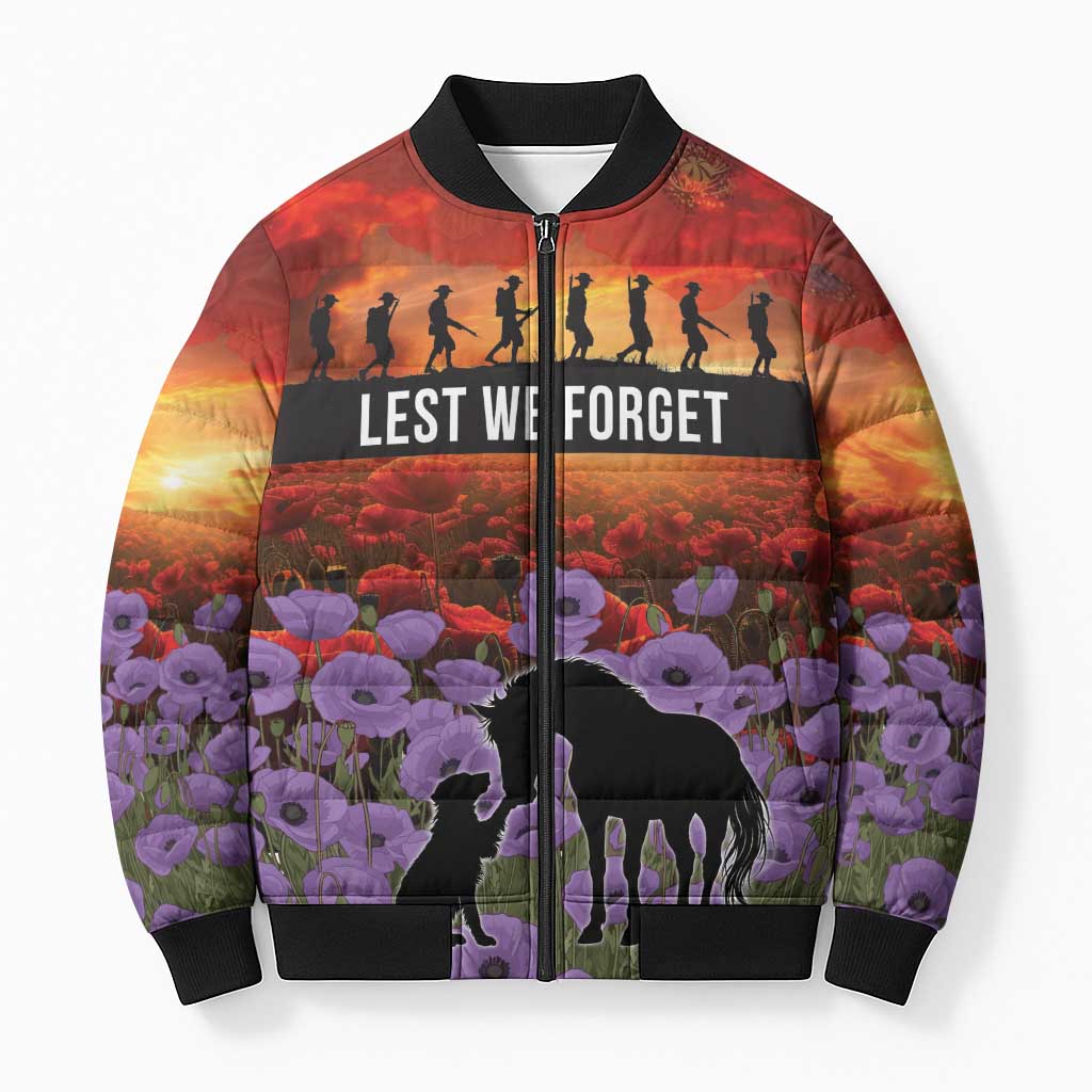 Personalised ANZAC Day Bomber Puffer Jacket Remembering the Animals of War LT19 Unisex Purple - Polynesian Pride
