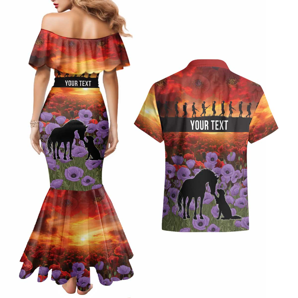 Personalised ANZAC Day Couples Matching Mermaid Dress and Hawaiian Shirt Remembering the Animals of War