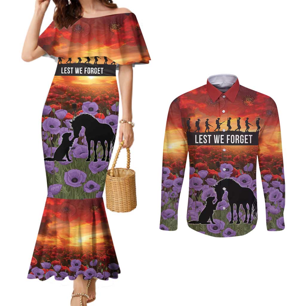 Personalised ANZAC Day Couples Matching Mermaid Dress and Long Sleeve Button Shirt Remembering the Animals of War LT19 Purple - Polynesian Pride