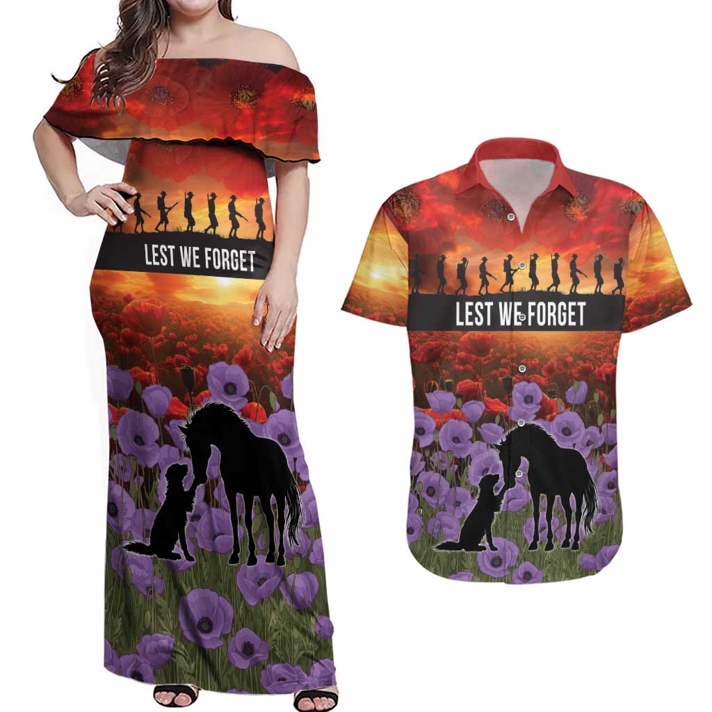 Personalised ANZAC Day Couples Matching Off Shoulder Maxi Dress and Hawaiian Shirt Remembering the Animals of War LT19 Purple - Polynesian Pride