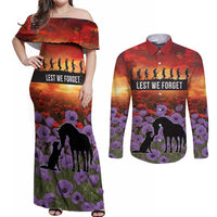 Personalised ANZAC Day Couples Matching Off Shoulder Maxi Dress and Long Sleeve Button Shirt Remembering the Animals of War LT19 Purple - Polynesian Pride