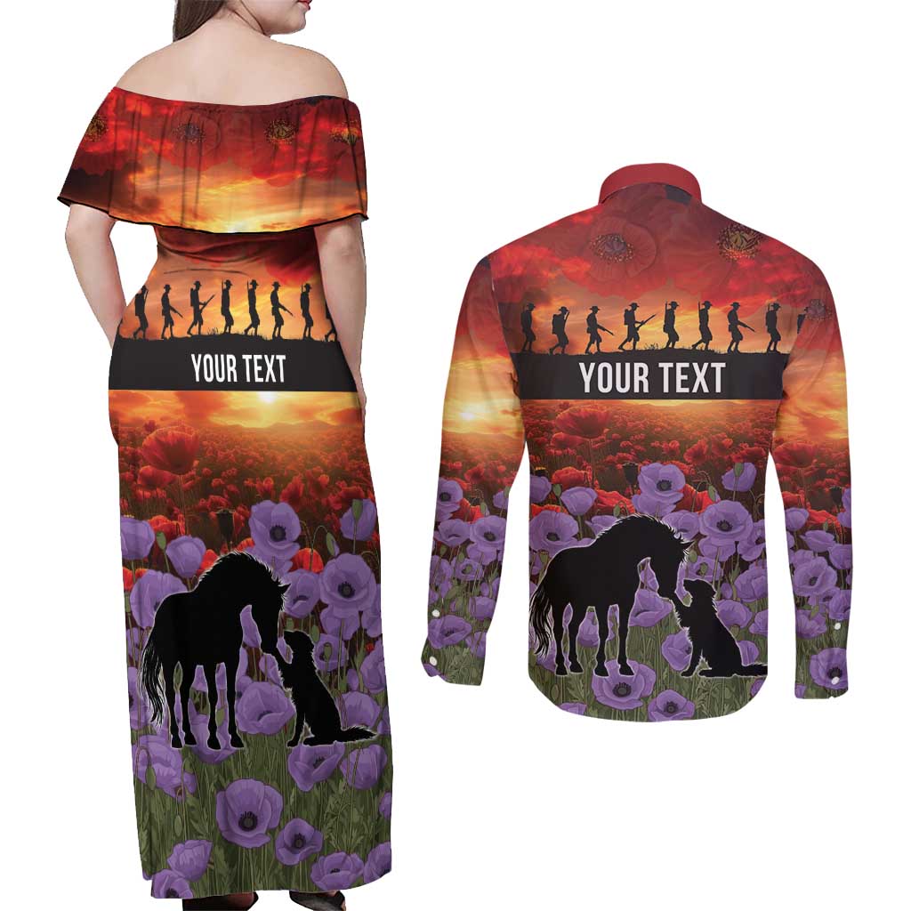 Personalised ANZAC Day Couples Matching Off Shoulder Maxi Dress and Long Sleeve Button Shirt Remembering the Animals of War LT19 - Polynesian Pride