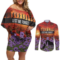 Personalised ANZAC Day Couples Matching Off Shoulder Short Dress and Long Sleeve Button Shirt Remembering the Animals of War LT19 Purple - Polynesian Pride