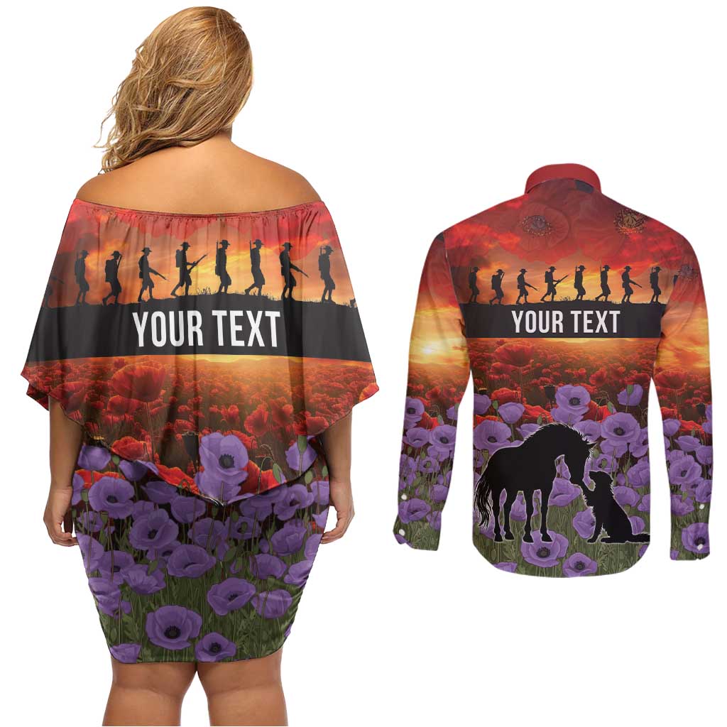 Personalised ANZAC Day Couples Matching Off Shoulder Short Dress and Long Sleeve Button Shirt Remembering the Animals of War LT19 - Polynesian Pride