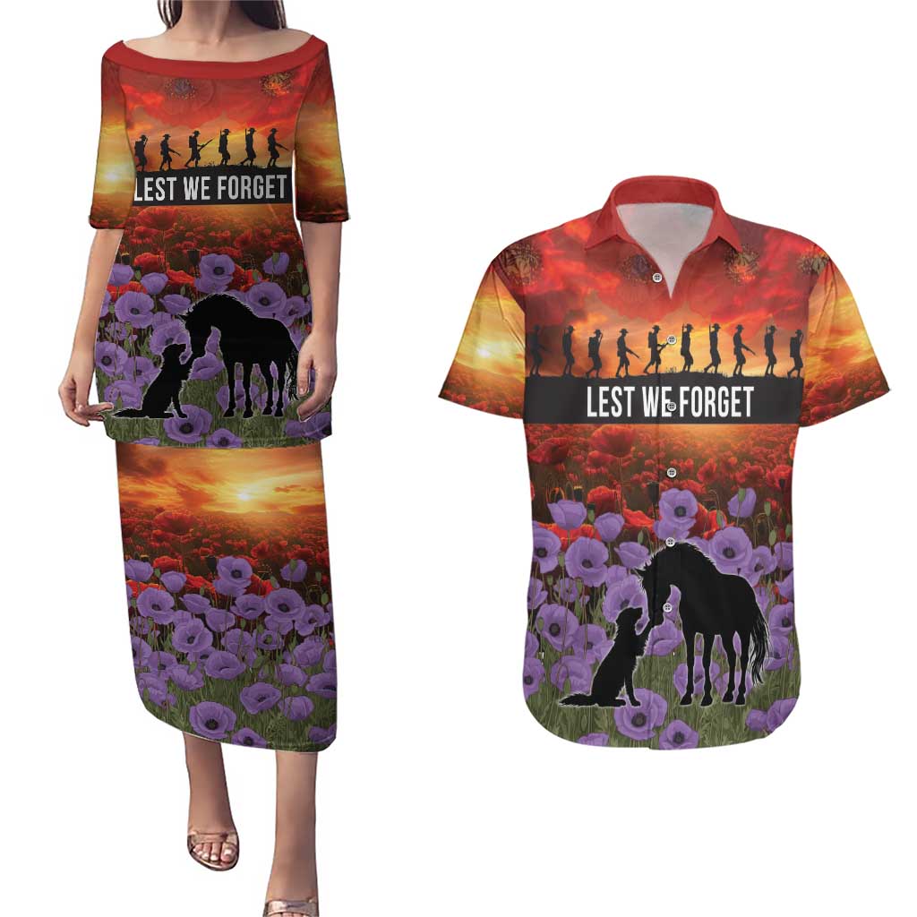 Personalised ANZAC Day Couples Matching Puletasi and Hawaiian Shirt Remembering the Animals of War LT19 Purple - Polynesian Pride