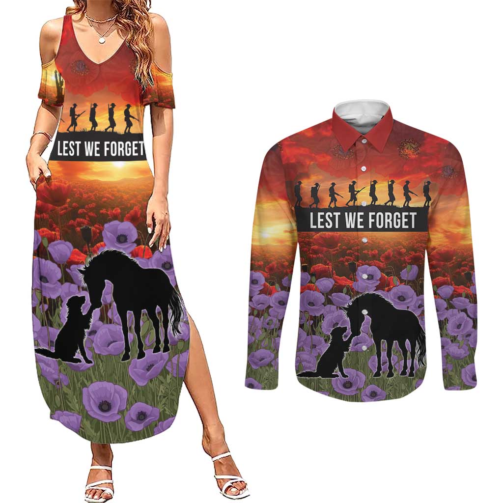 Personalised ANZAC Day Couples Matching Summer Maxi Dress and Long Sleeve Button Shirt Remembering the Animals of War LT19 Purple - Polynesian Pride
