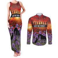 Personalised ANZAC Day Couples Matching Tank Maxi Dress and Long Sleeve Button Shirt Remembering the Animals of War LT19 Purple - Polynesian Pride
