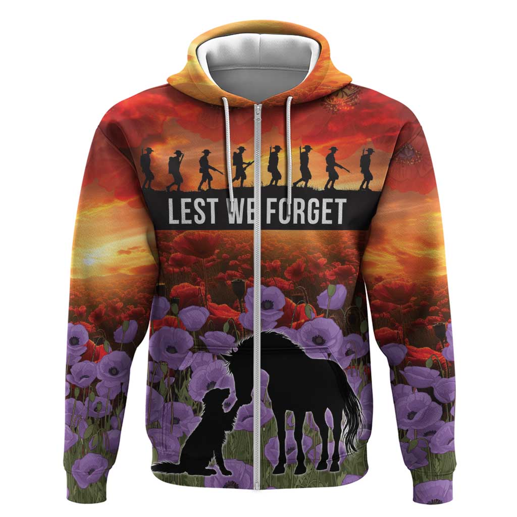 Personalised ANZAC Day Hoodie Remembering the Animals of War LT19 Zip Hoodie Purple - Polynesian Pride