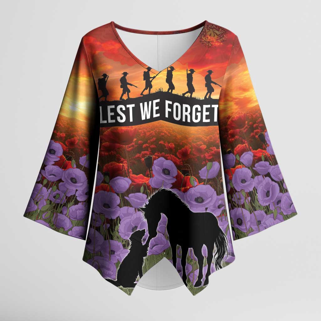 Personalised ANZAC Day Kimono Sleeve Blouse Remembering the Animals of War LT19 Female Purple - Polynesian Pride