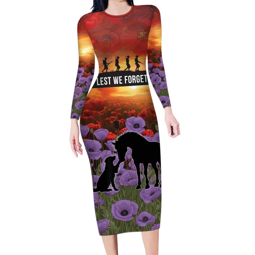 Personalised ANZAC Day Long Sleeve Bodycon Dress Remembering the Animals of War LT19 Long Dress Purple - Polynesian Pride