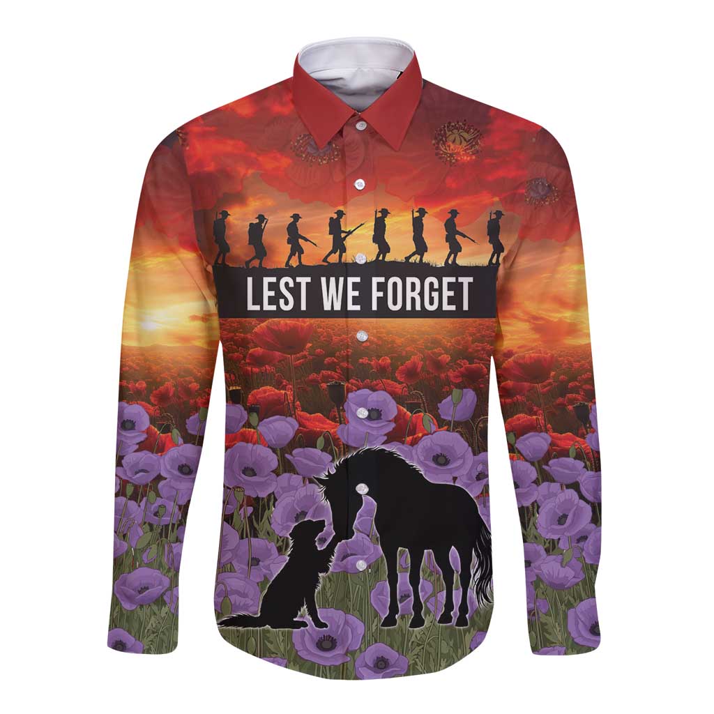 Personalised ANZAC Day Long Sleeve Button Shirt Remembering the Animals of War LT19 Unisex Purple - Polynesian Pride