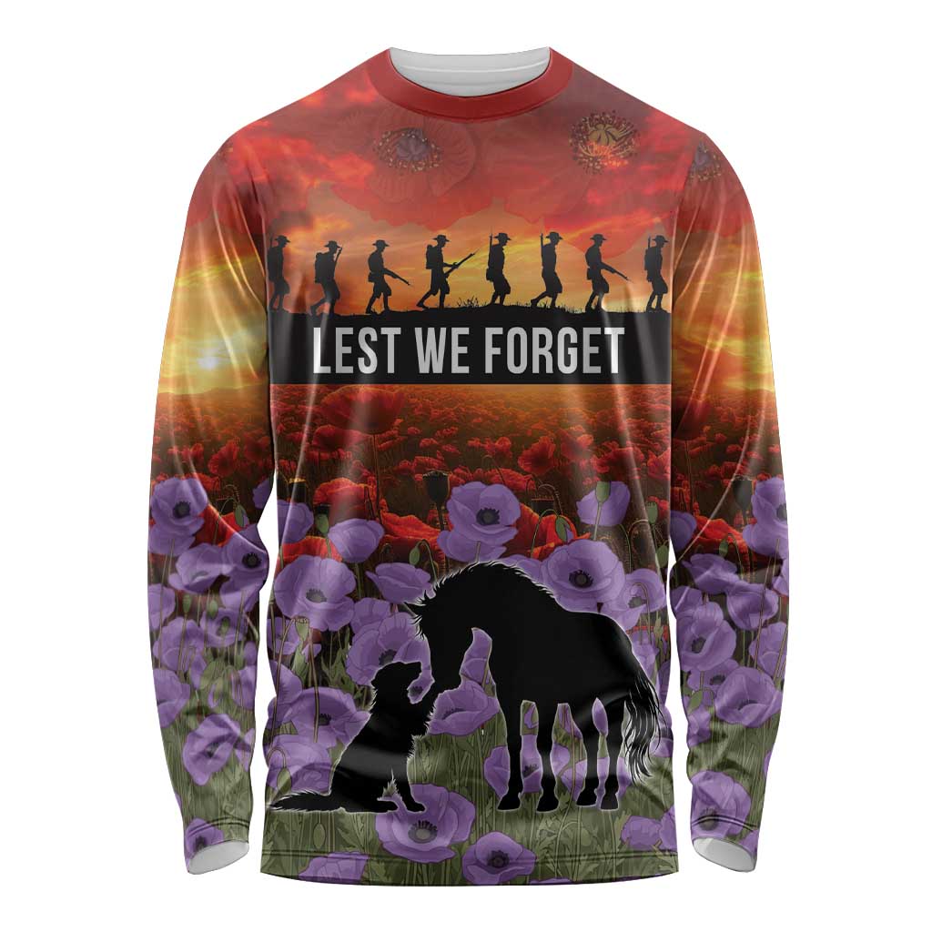 Personalised ANZAC Day Long Sleeve Shirt Remembering the Animals of War LT19 Unisex Purple - Polynesian Pride