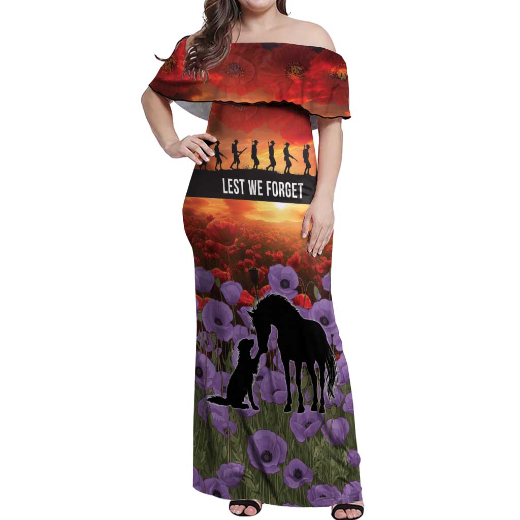Personalised ANZAC Day Off Shoulder Maxi Dress Remembering the Animals of War LT19 Women Purple - Polynesian Pride