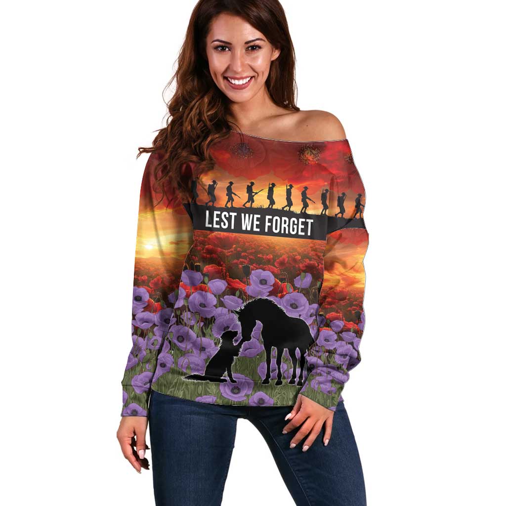 Personalised ANZAC Day Off Shoulder Sweater Remembering the Animals of War LT19 Women Purple - Polynesian Pride