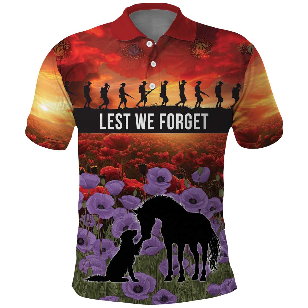 Personalised ANZAC Day Polo Shirt Remembering the Animals of War LT19 Purple - Polynesian Pride