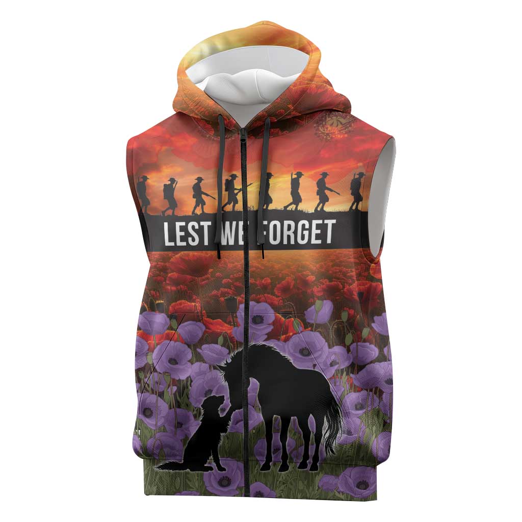 Personalised ANZAC Day Sleeveless Zip Hoodie Remembering the Animals of War LT19 Purple - Polynesian Pride