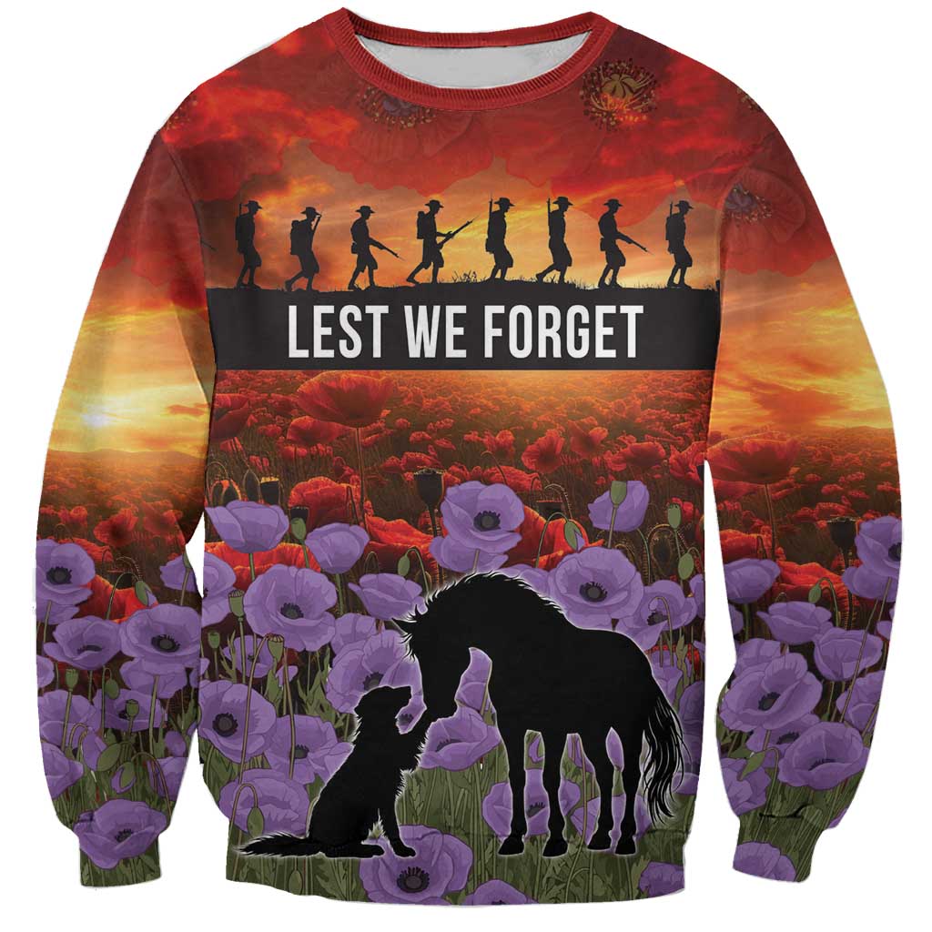 Personalised ANZAC Day Sweatshirt Remembering the Animals of War LT19 Unisex Purple - Polynesian Pride