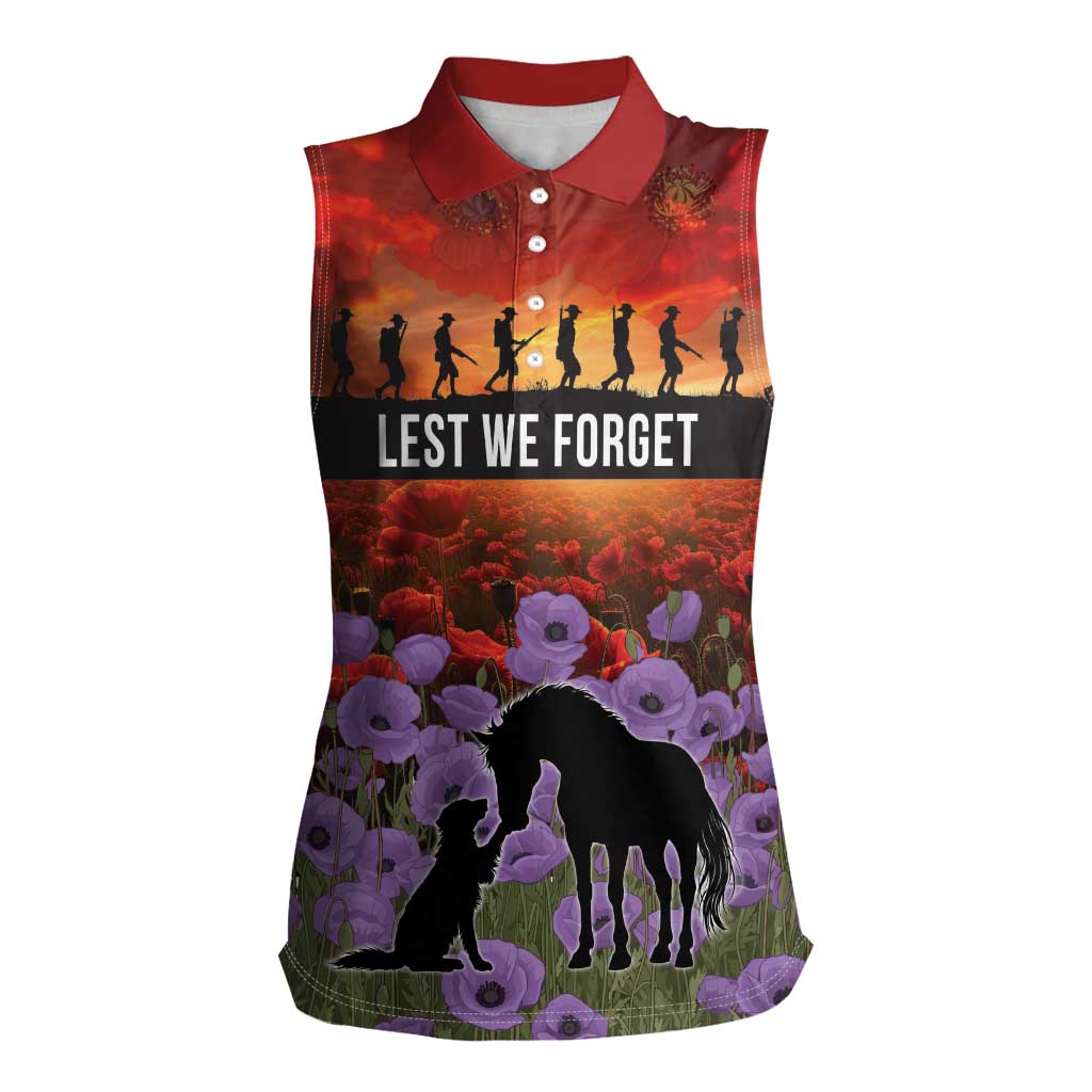 Personalised ANZAC Day Women Sleeveless Polo Shirt Remembering the Animals of War LT19 Female Purple - Polynesian Pride