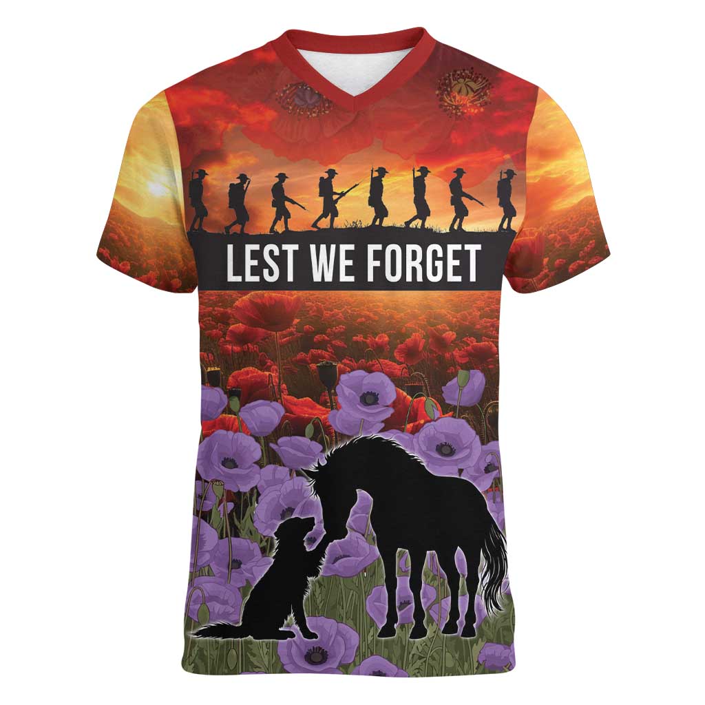 Personalised ANZAC Day Women V-Neck T-Shirt Remembering the Animals of War LT19 Female Purple - Polynesian Pride
