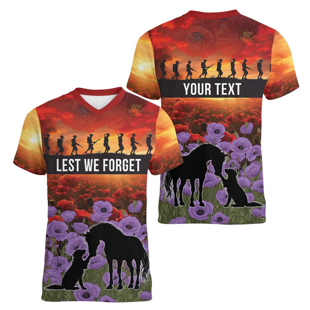 Personalised ANZAC Day Women V-Neck T-Shirt Remembering the Animals of War LT19 - Polynesian Pride