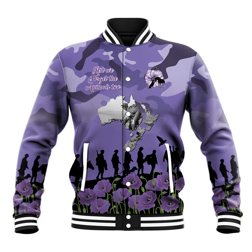 ANZAC Day Baseball Jacket Lest We Forget the Animals Too LT19 Unisex Purple - Polynesian Pride