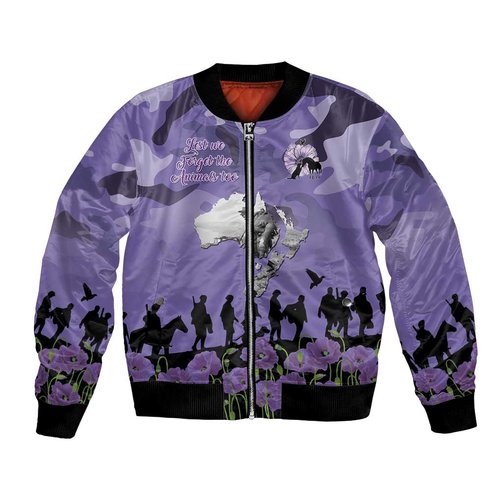 ANZAC Day Bomber Jacket Lest We Forget the Animals Too LT19 Unisex Purple - Polynesian Pride
