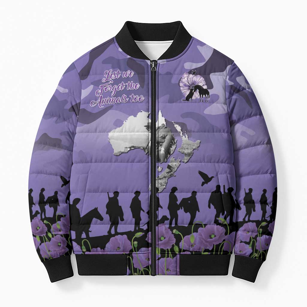 ANZAC Day Bomber Puffer Jacket Lest We Forget the Animals Too LT19 Unisex Purple - Polynesian Pride