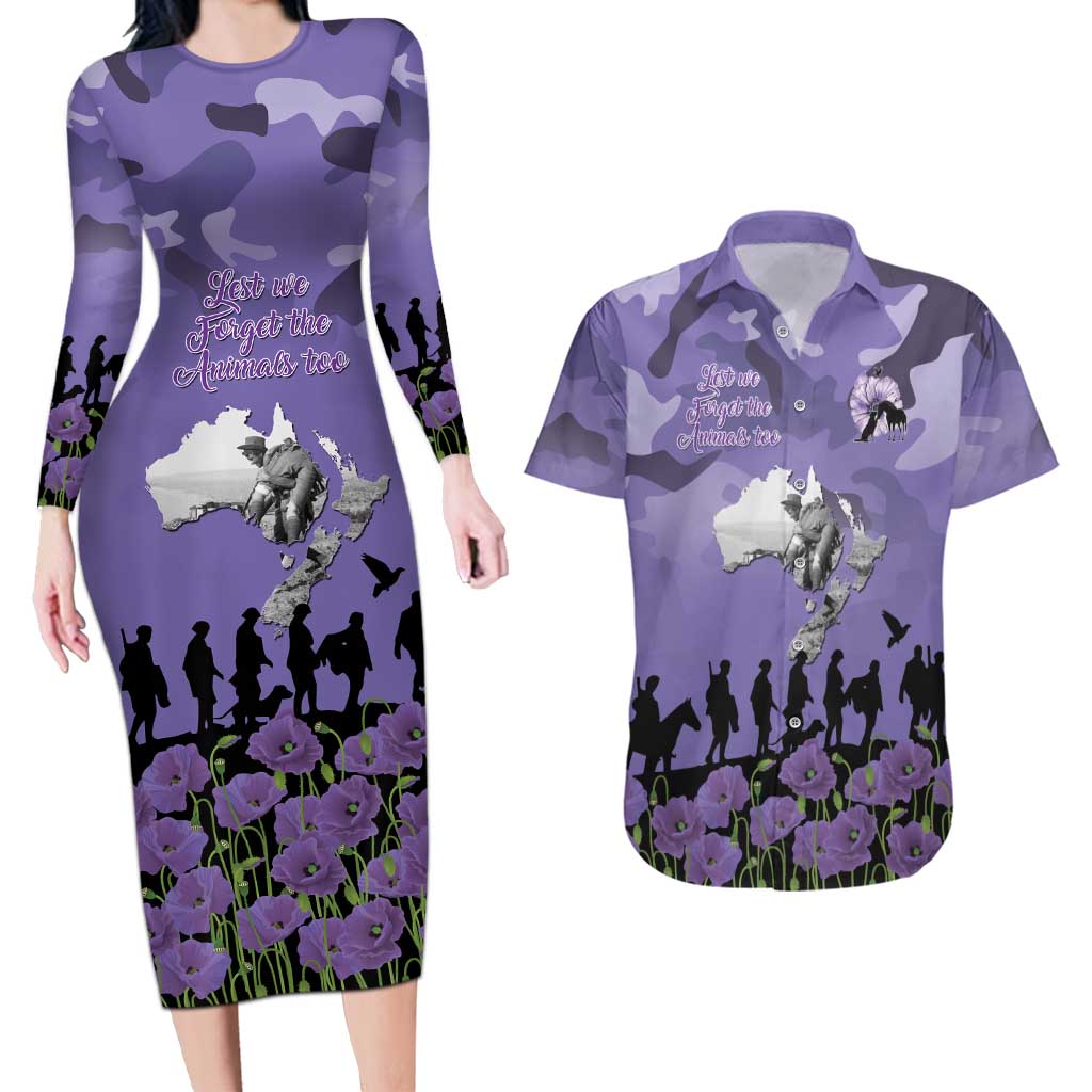 ANZAC Day Couples Matching Long Sleeve Bodycon Dress and Hawaiian Shirt Lest We Forget the Animals Too LT19 Purple - Polynesian Pride