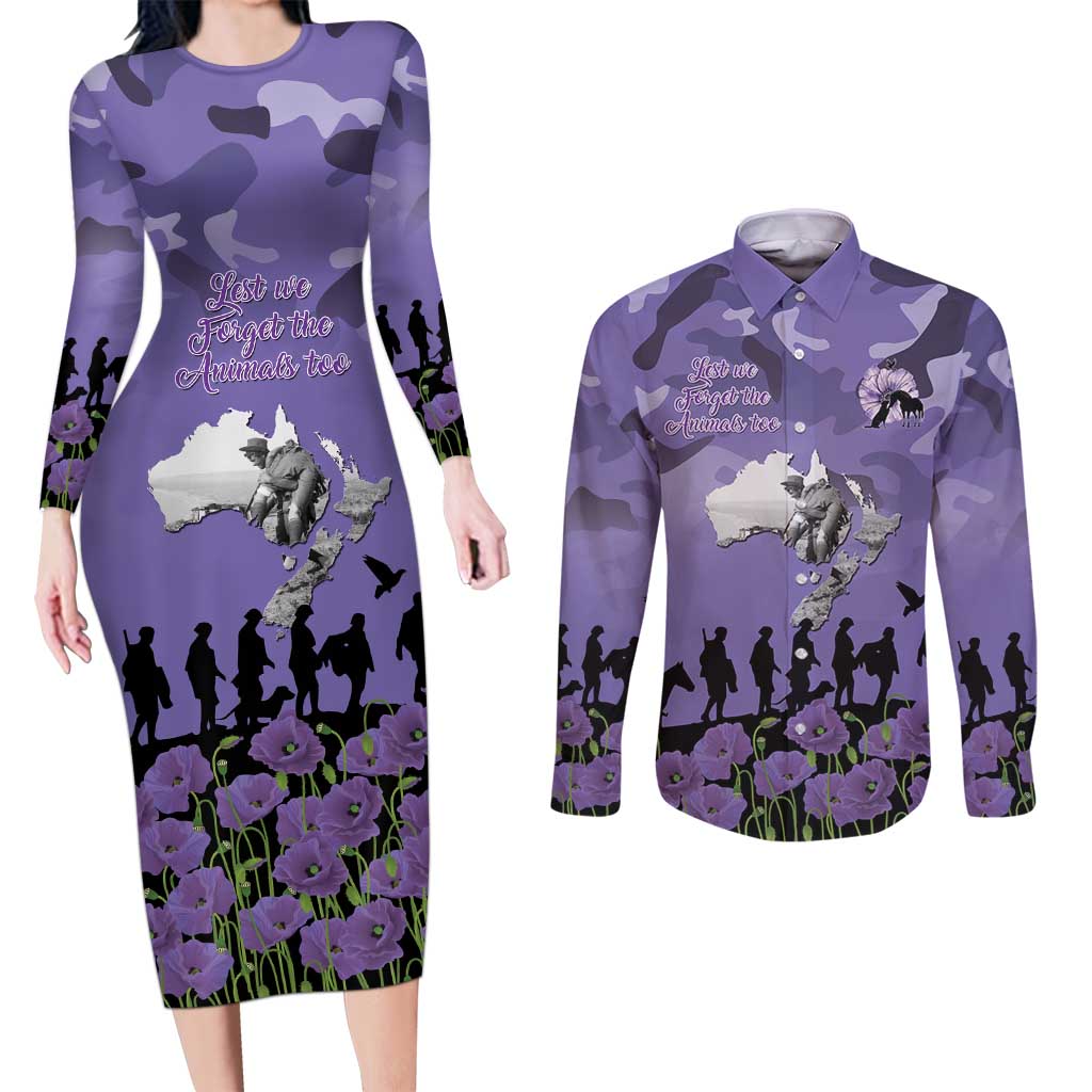 ANZAC Day Couples Matching Long Sleeve Bodycon Dress and Long Sleeve Button Shirt Lest We Forget the Animals Too LT19 Purple - Polynesian Pride