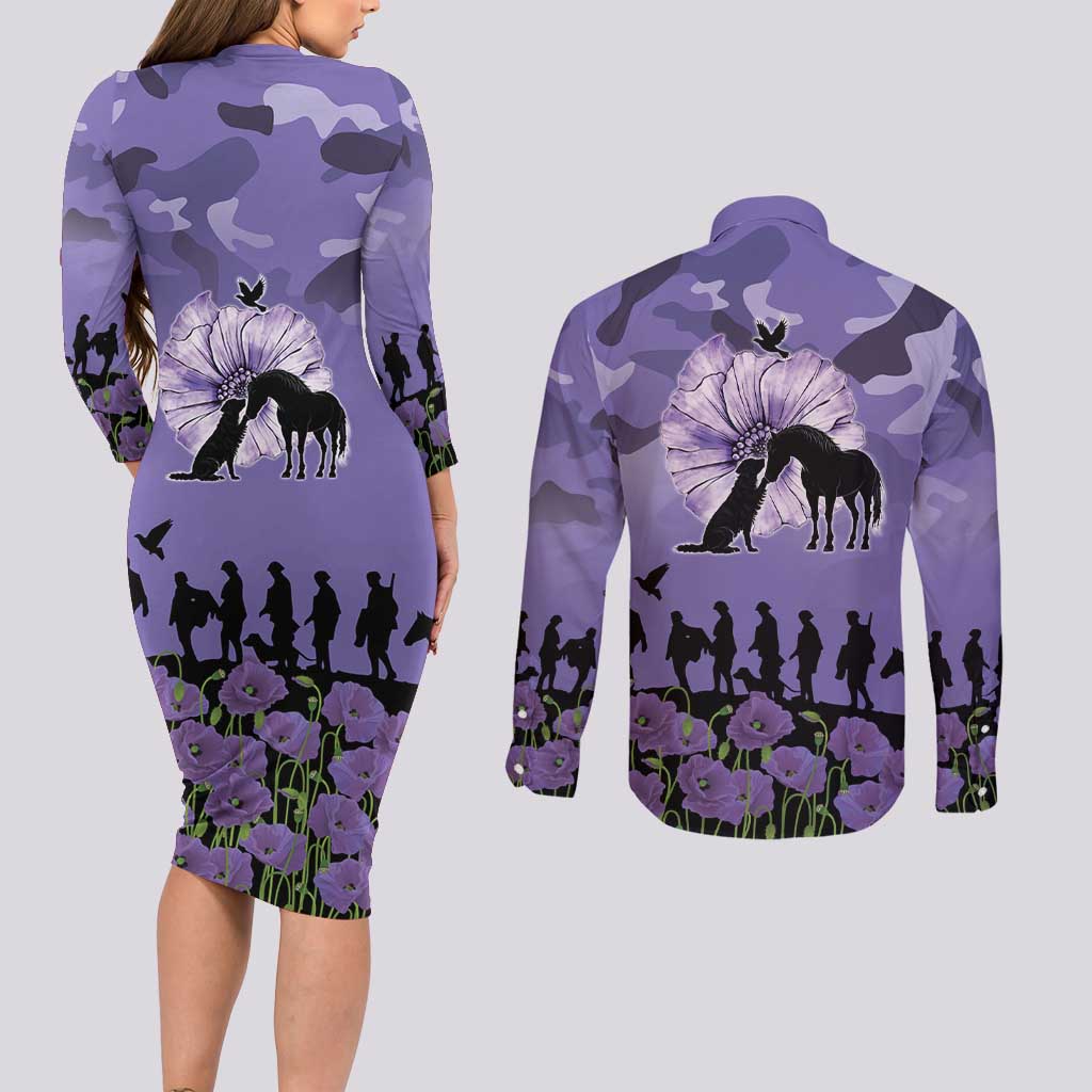 ANZAC Day Couples Matching Long Sleeve Bodycon Dress and Long Sleeve Button Shirt Lest We Forget the Animals Too LT19 - Polynesian Pride