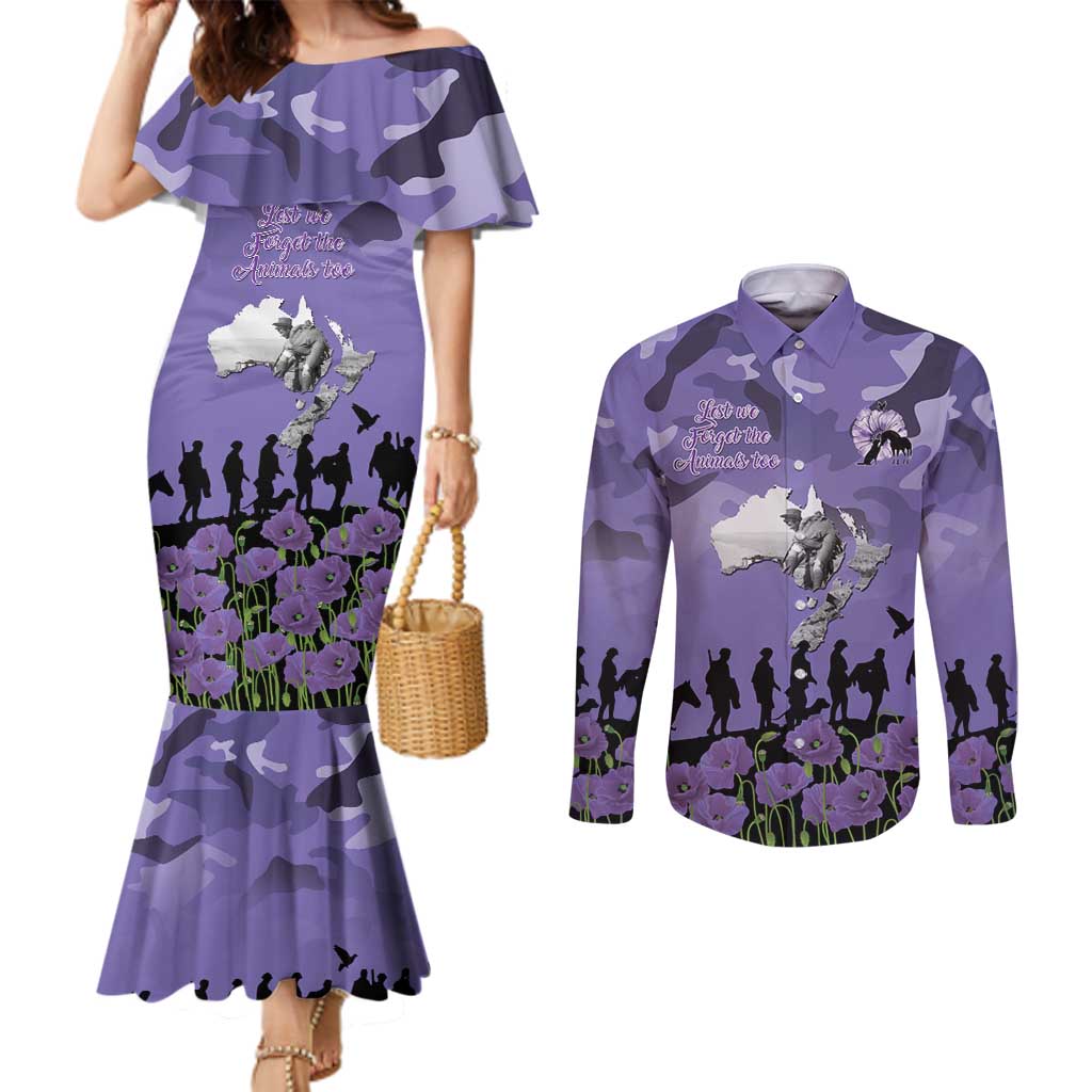 ANZAC Day Couples Matching Mermaid Dress and Long Sleeve Button Shirt Lest We Forget the Animals Too LT19 Purple - Polynesian Pride
