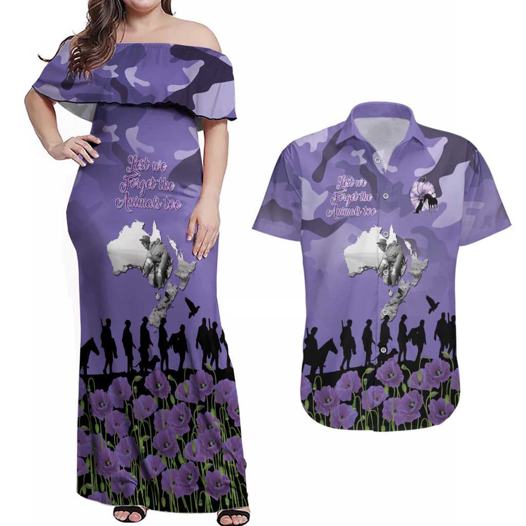 ANZAC Day Couples Matching Off Shoulder Maxi Dress and Hawaiian Shirt Lest We Forget the Animals Too LT19 Purple - Polynesian Pride