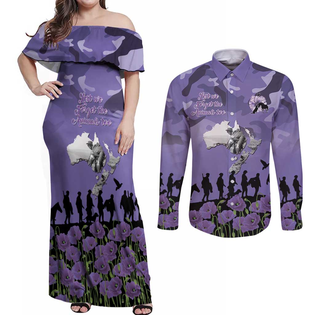 ANZAC Day Couples Matching Off Shoulder Maxi Dress and Long Sleeve Button Shirt Lest We Forget the Animals Too LT19 Purple - Polynesian Pride
