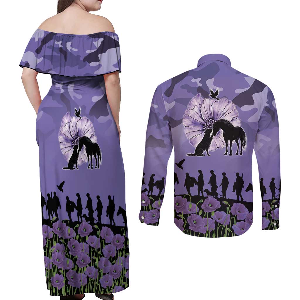 ANZAC Day Couples Matching Off Shoulder Maxi Dress and Long Sleeve Button Shirt Lest We Forget the Animals Too LT19 - Polynesian Pride
