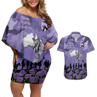 ANZAC Day Couples Matching Off Shoulder Short Dress and Hawaiian Shirt Lest We Forget the Animals Too LT19 Purple - Polynesian Pride