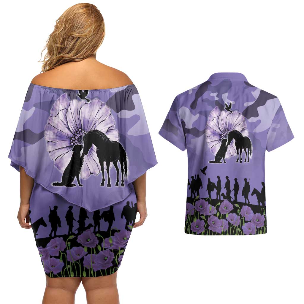 ANZAC Day Couples Matching Off Shoulder Short Dress and Hawaiian Shirt Lest We Forget the Animals Too LT19 - Polynesian Pride