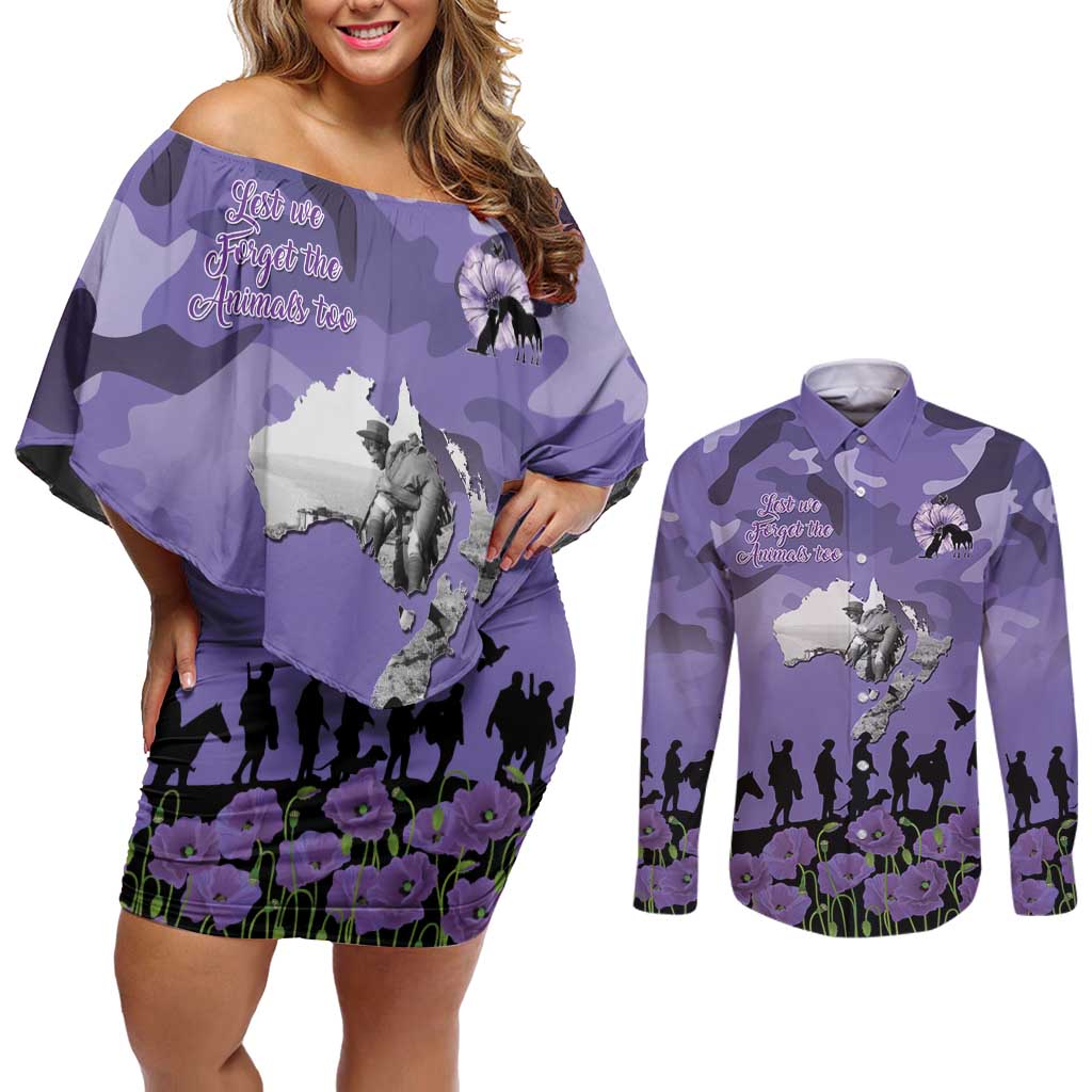 ANZAC Day Couples Matching Off Shoulder Short Dress and Long Sleeve Button Shirt Lest We Forget the Animals Too LT19 Purple - Polynesian Pride
