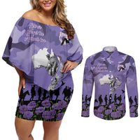 ANZAC Day Couples Matching Off Shoulder Short Dress and Long Sleeve Button Shirt Lest We Forget the Animals Too LT19 Purple - Polynesian Pride
